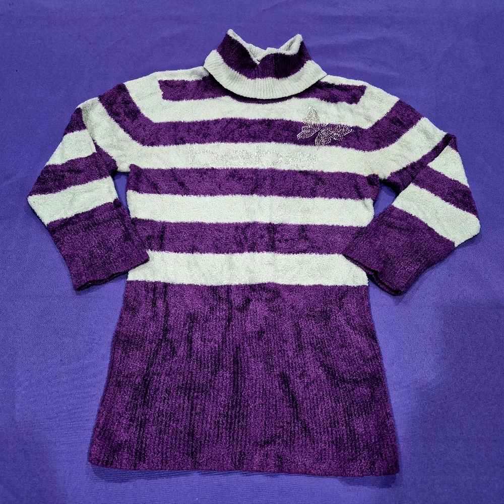 Bebe Rhinestone Logo Violet/Off White Turtle Neck Chenille Sweater- S/M.